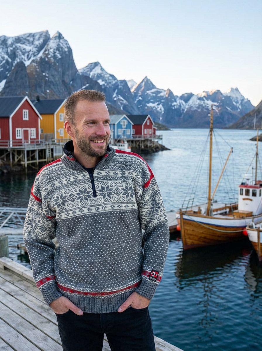 Norský svetr Mønstret - šedo-červený 02